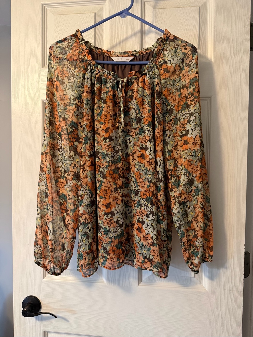 LC Lauren Conrad Large Floral Long-Sleeve Sheer Blouse - Green & Orange